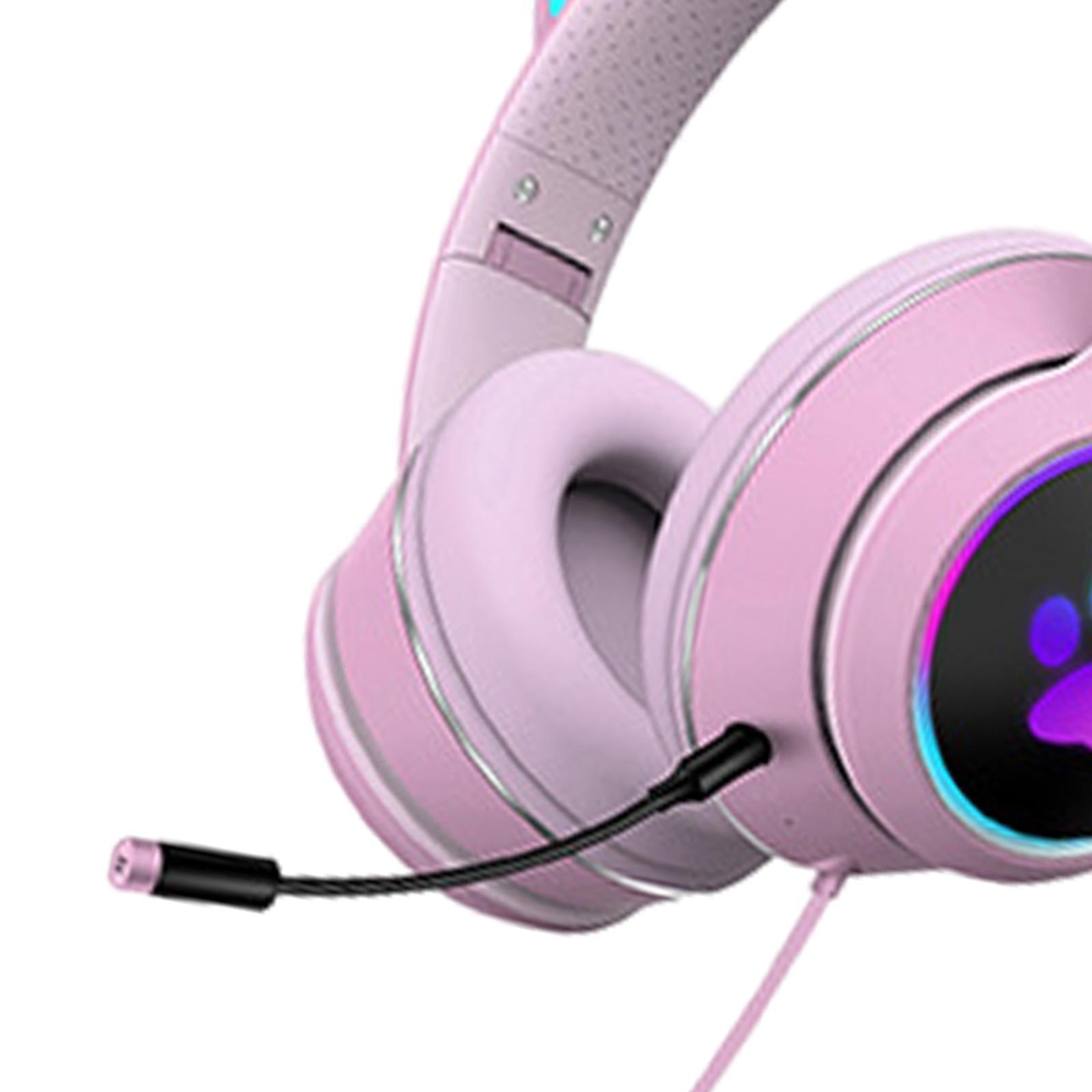 2 Pcs Cat Ear Wired Over-Head Headset RGB Light for PC Noise Reduction