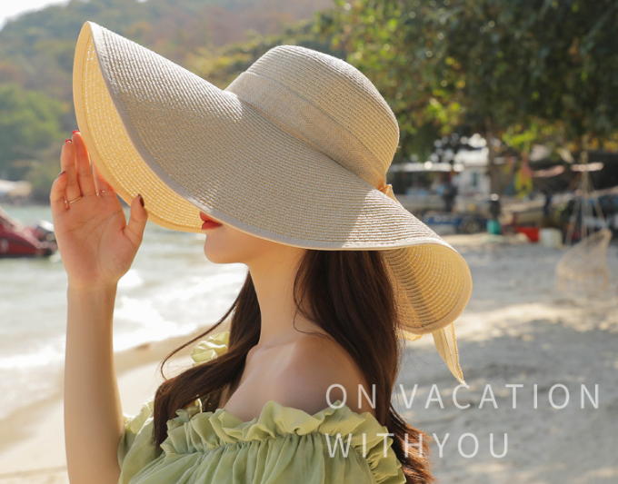 Mũ cói rộng vành thắt nơ phong cách Hàn Màu kem, nón đi biển rộng vành cao cấp