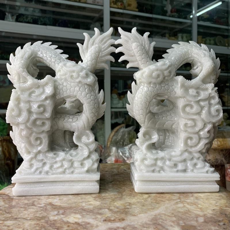 Cặp Rồng Ngậm Ngọc Đá Cẩm Thạch Trắng - cao 23cm