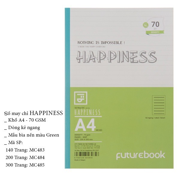 FUTUREBOOK-Sổ May Chỉ Dán Gáy Happiness A4_Dòng Kẻ Ngang–Định Lượng 70 Gsm. 140Tr_200Tr_300Tr ( Giao mẫu ngẫu nhiên )