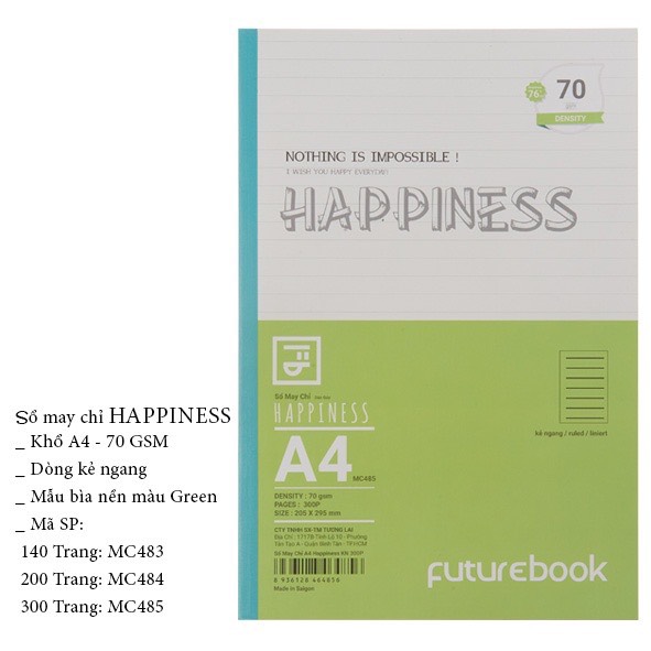 Sổ May Chỉ Dán Gáy Happiness A4- Kẻ Ngang- 70GSM- Phong cách Nhật Bản. VPP FUTUREBOOK. Giao mẫu ngẫu nhiên. - 300