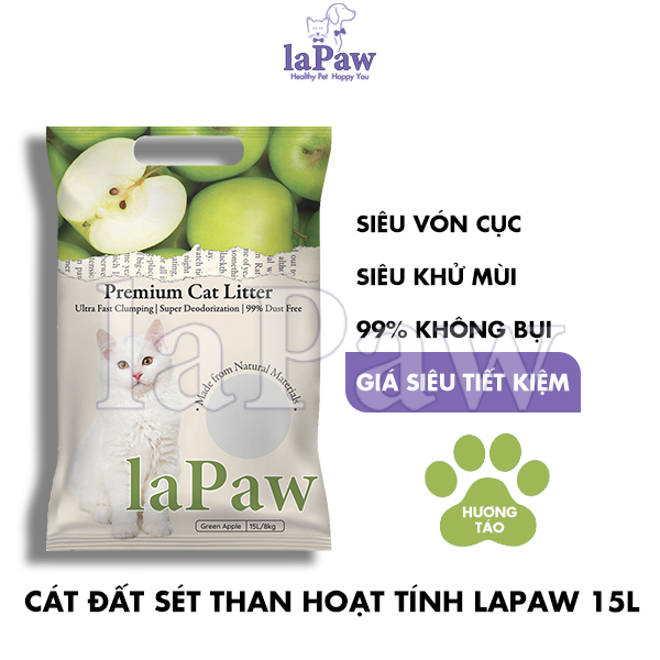 Cát vệ sinh cho mèo laPaw đất sét mix than hoạt tính siêu vón cục, siêu khử mùi, thơm lâu, ít bụi 15L