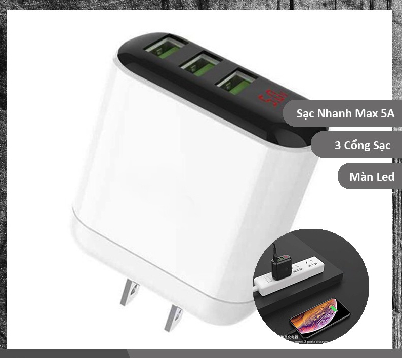 Củ sạc nhanh 3 cổng USB có màn hình led hiển thị HK1- màu ngẫu nhiên