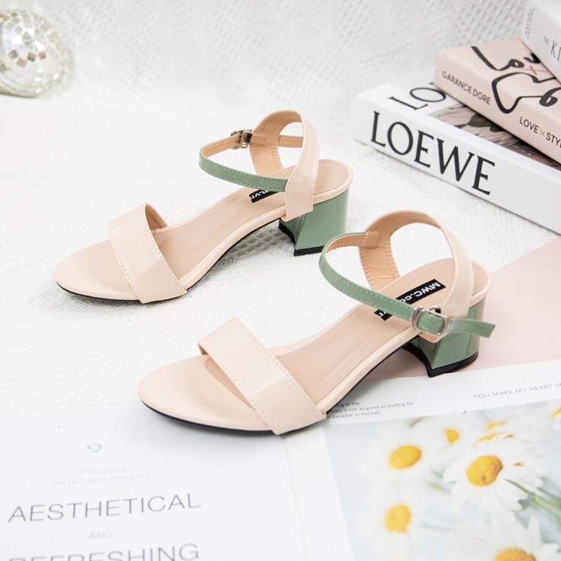 Giày sandal cao gót nữ MWC mũi tròn gót vuông cao 5CM quai ngang mix màu nâu xanh siêu xinh NUCG-3920