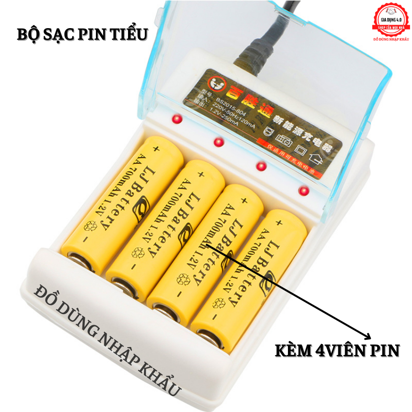 Bộ sạc kèm 4 pin AA / AAA 1.2v (pin tiểu / pin con thỏ) -dùng điện 220v