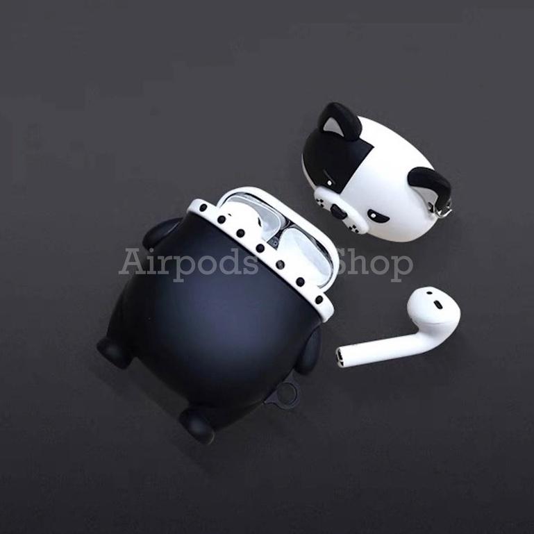 Bao Case Ốp dành cho Airpods 1/2, i11, i12 bulldog đen đeo khuyên tai siêu ngầu silicon cao cấp