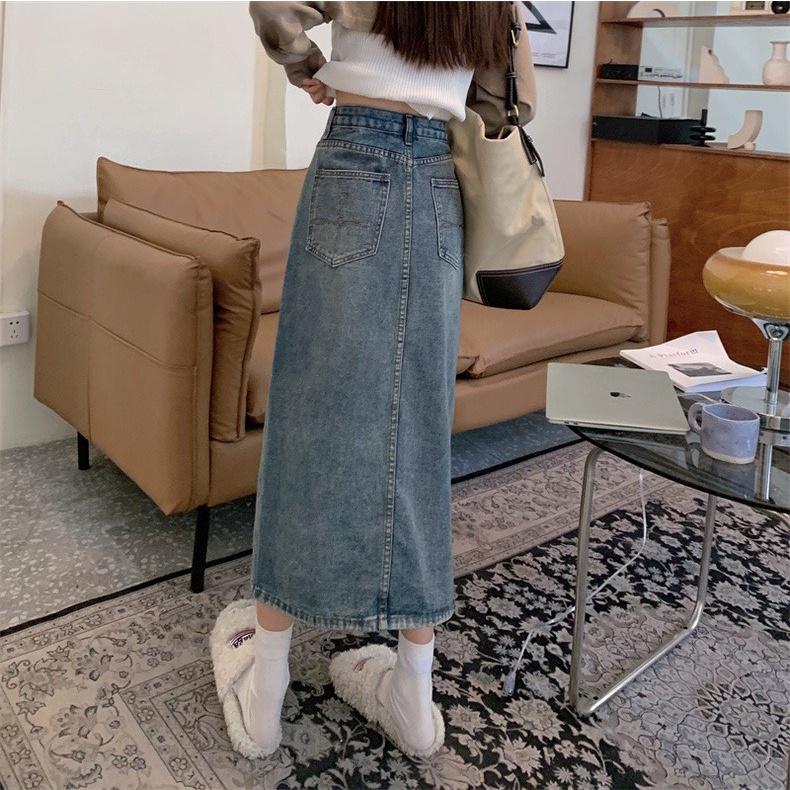 Chân váy jeans trơn basic EMIX, váy midi dáng dài, xẻ trước, cạp cao, có túi