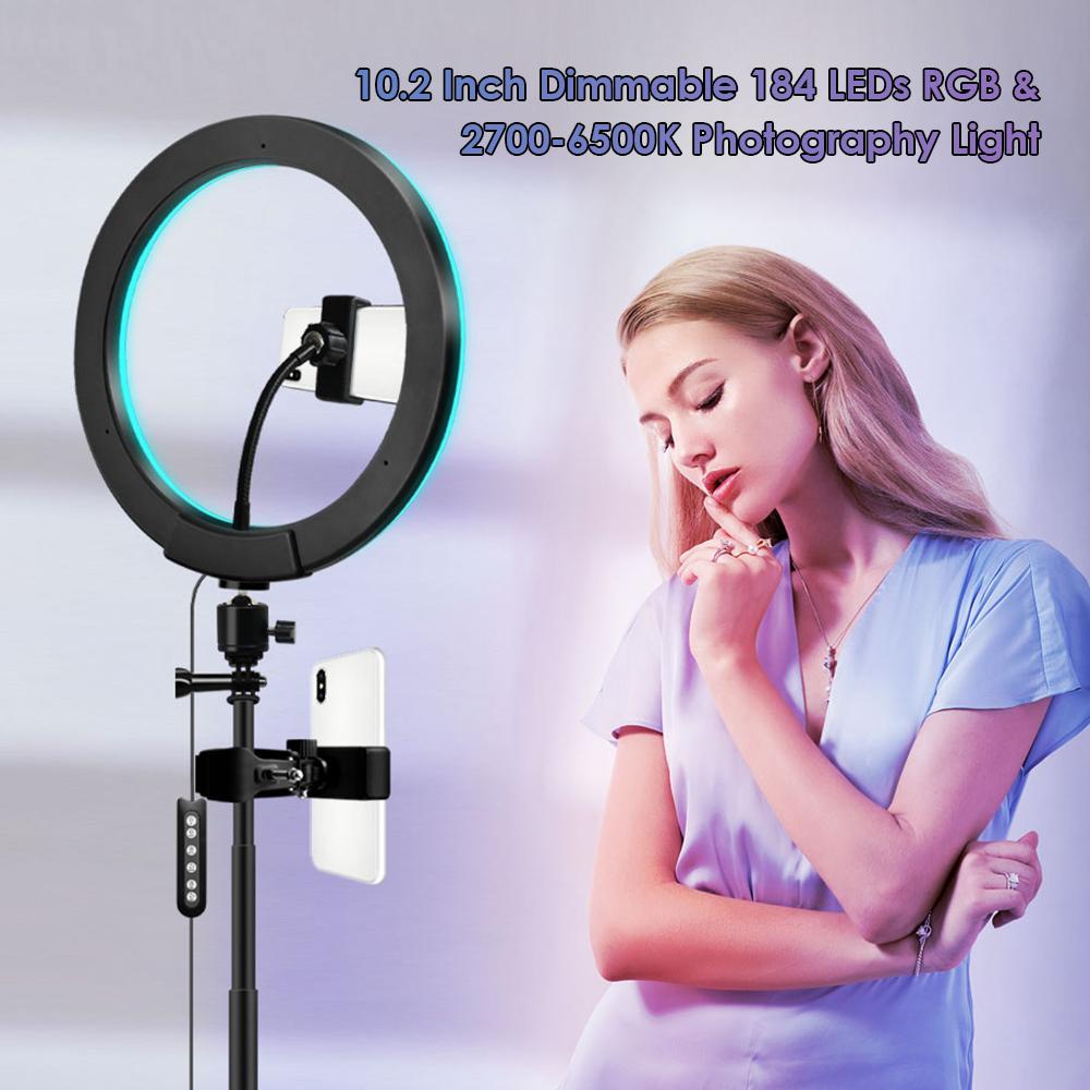 10.2 Inch Dimmable 184 LEDs RGB & 2700-6500K Photography Light USB Powered Operated Selfie Lamp 10 Levels Adjustable