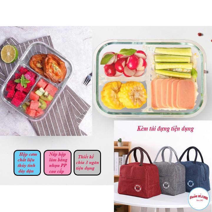 Hộp cơm thủy tinh cao cấp 3 ngăn tặng kèm túi đựng cơm giữ nhiệt 2 lớp dày dặn Lunch Bag 00995