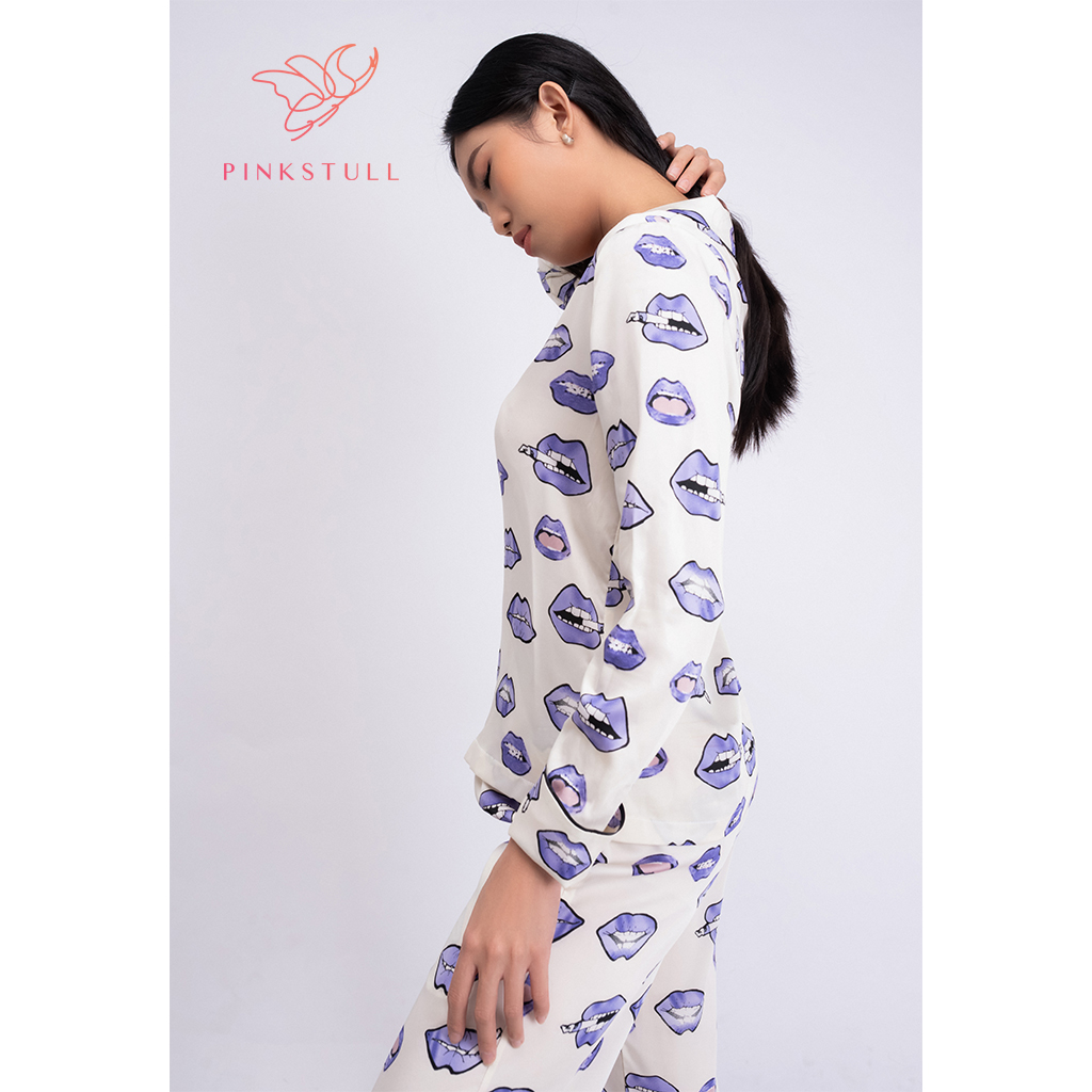 Bộ đồ ngủ Pijama PinkStull tay dài quần dài họa tiết môi tím