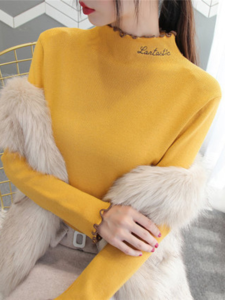 Fashion Women Winter Knitted Ruched Sweater Solid Color Turtleneck Long Sleeve Letters Slim Casual Pullover Knitwear