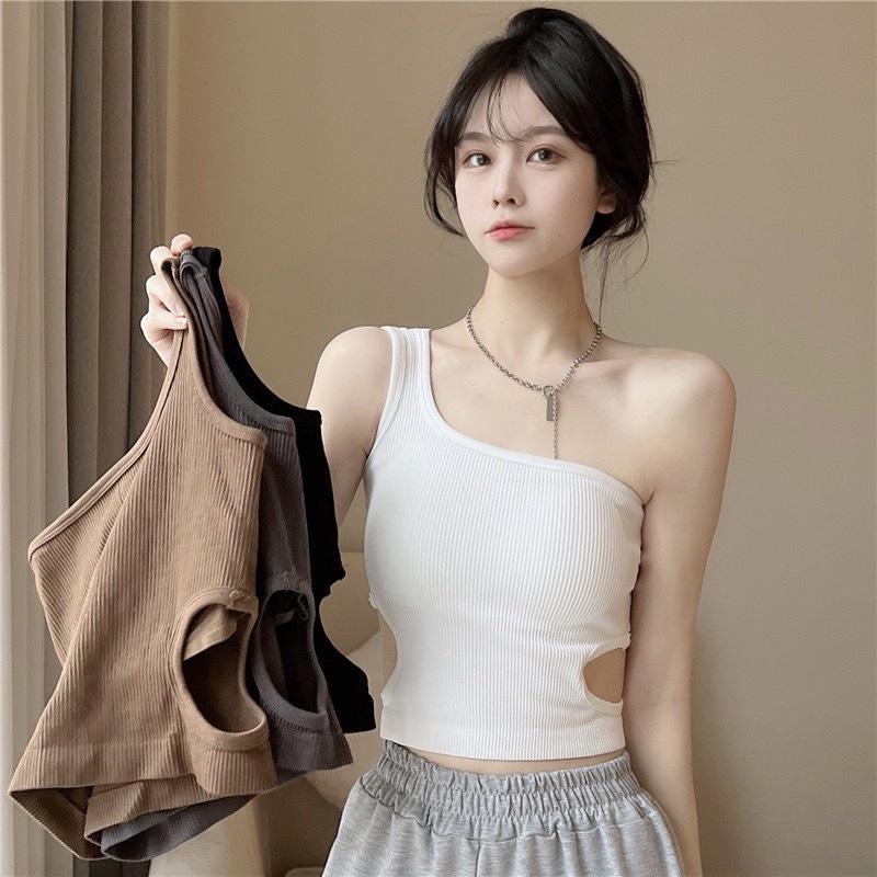 M36. Áo nữ kiểu bra lệch vai croptop có mút, áo croptop có mút thiết kế lệch vai cá tính (có sẵn - miễn ship)