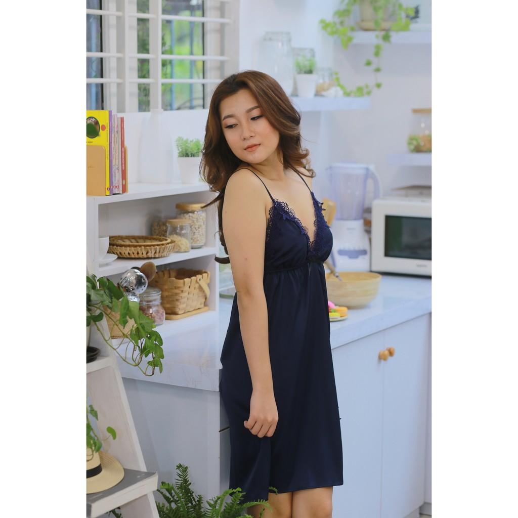 Váy ngủ lụa đan dây chéo ngực sexy pha ren cao cấp tặng kèm chip ren gợi cảm xinh xắn