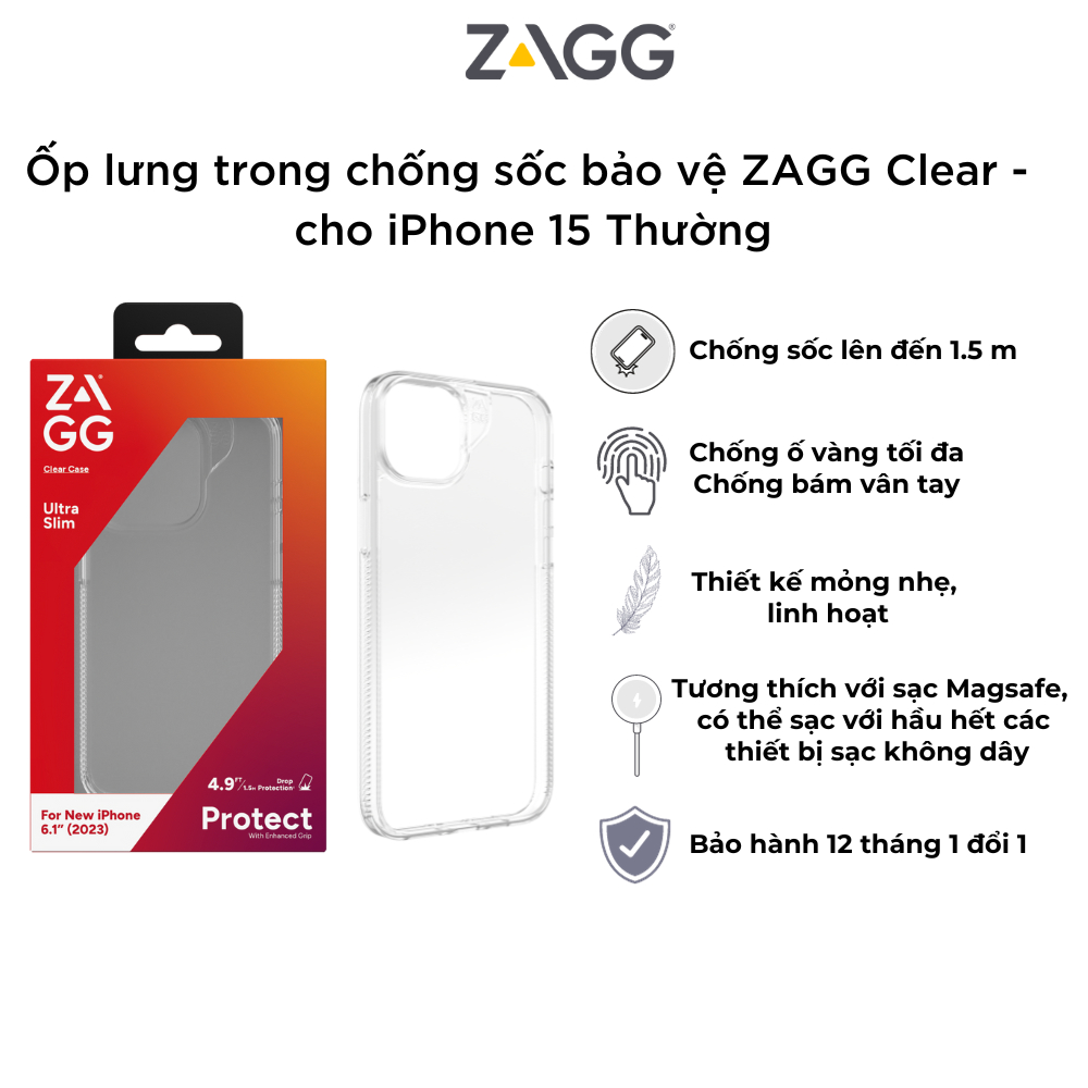 Ốp lưng trong chống sốc bảo vệ ZAGG ESNTL Clear / Clear Snap cho iPhone 15 Series - chống sốc 1.5M - bảo hành 1 năm- Hàng chính hãng