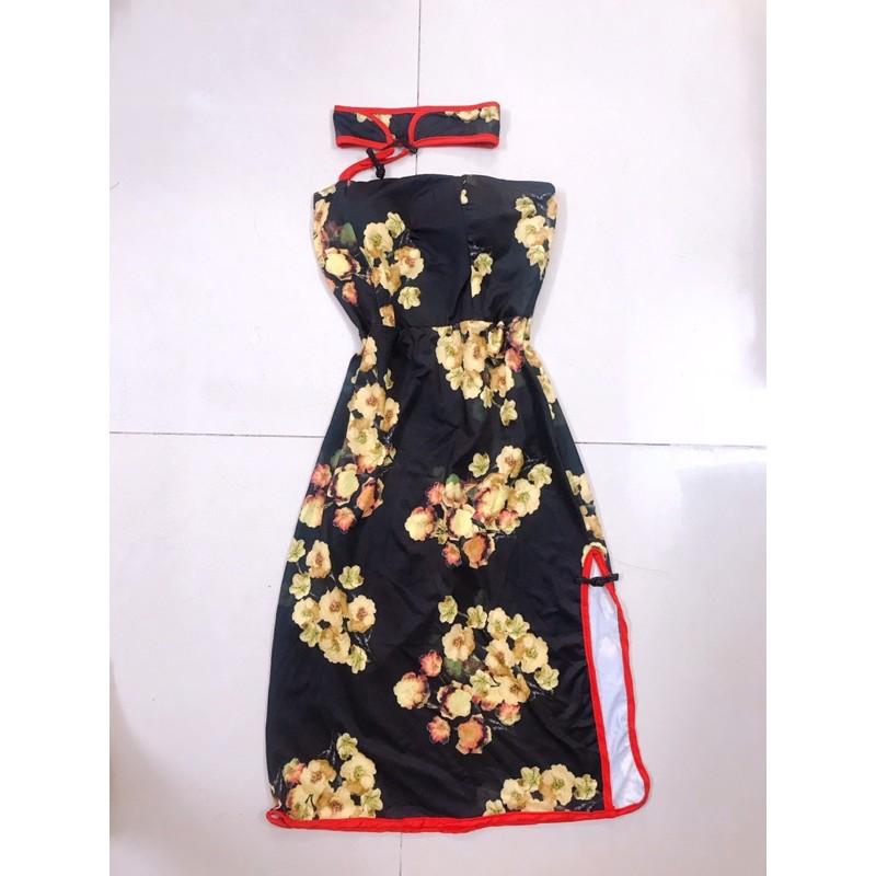 Đầm body cổ tàu sẻ tà viền đính nút có mút ngực cực sexy sang chảnh