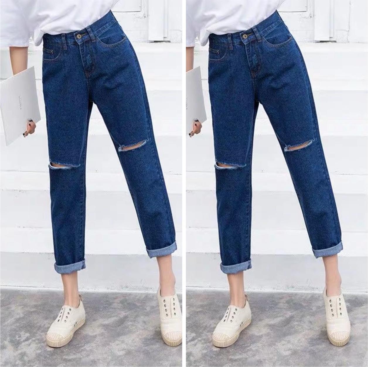 QUẦN JEAN BAGGY NỮ BIG SIZE RÁCH GỐI BIG SIZE KHÔNG CO DÃN PHOM QUẦN ỐNG RỘNG