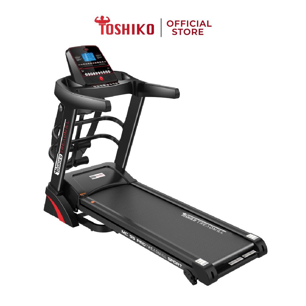 Máy chạy bộ đa năng tại nhà Toshiko MC55, chức năng nâng dốc tự động theo nhu cầu, băng tải rộng, chống trơn trượt, kèm theo đai massage và thanh gập bụng, đồng hồ hiển thị thông số nhịp tim, calo tiêu thụ
