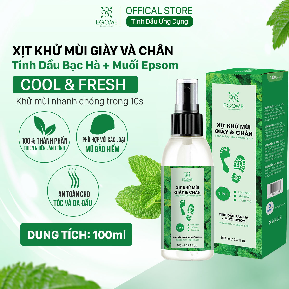 Xịt Khử Mùi Giày Và Chân Egome Tinh Dầu Bạc Hà làm sạch và thơm mát 100ml