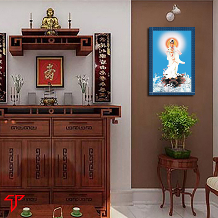 Tranh gỗ cao cấp treo tường trang trí mẫu Quan thế âm đứng trên tọa sen, Tranh Phật Giáo Quan Thế Âm Bồ Tát 2314