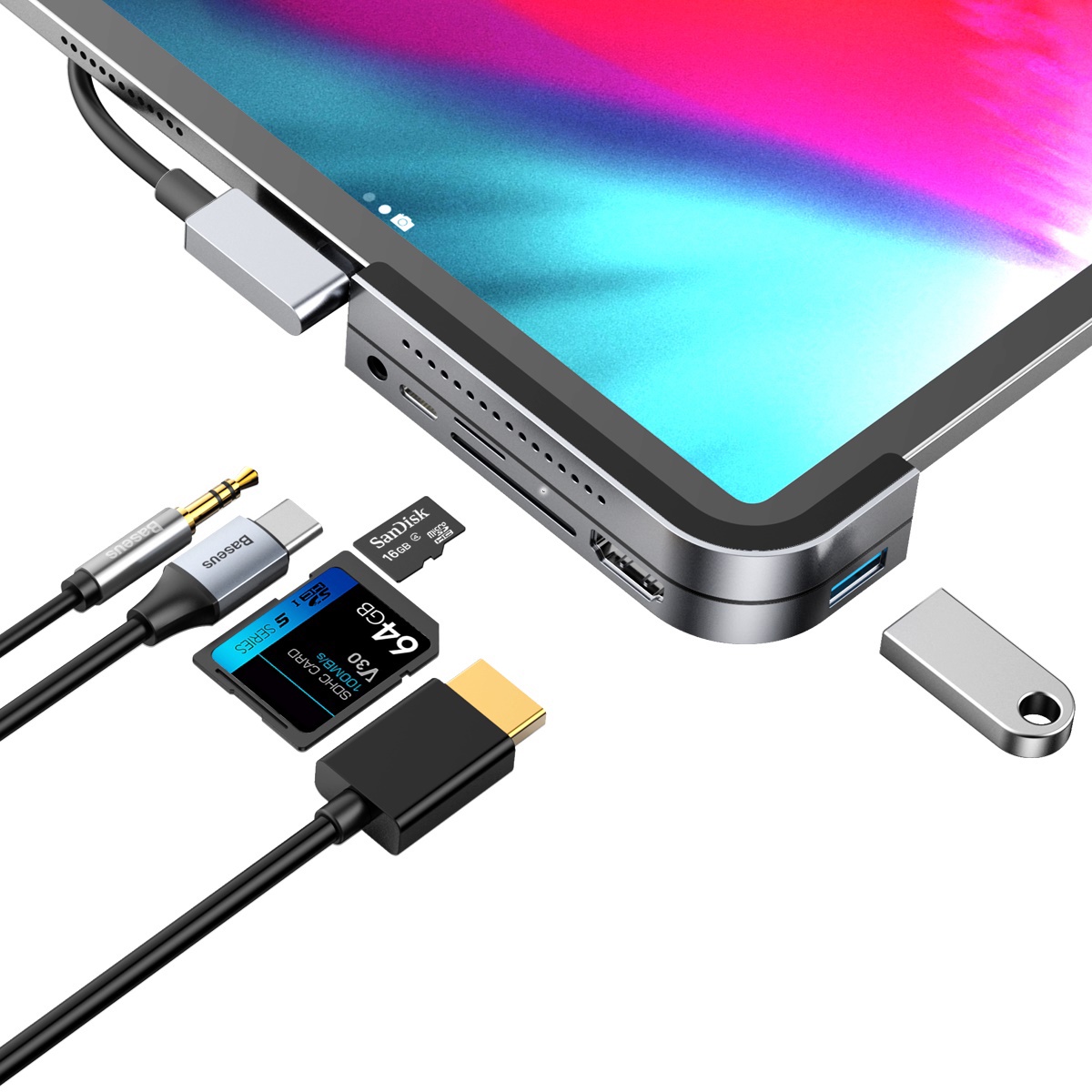 Bộ chuyển đổi HUB thông minh Baseus Bend Angle No.7 Multifunctional Type C to USB3.0/HDMI/SD/Micro SD/Audio 3.5mm+C PD, Extended InterfacesHub Dark gray - CAHUB-WJ0G - Hàng Chính Hãng