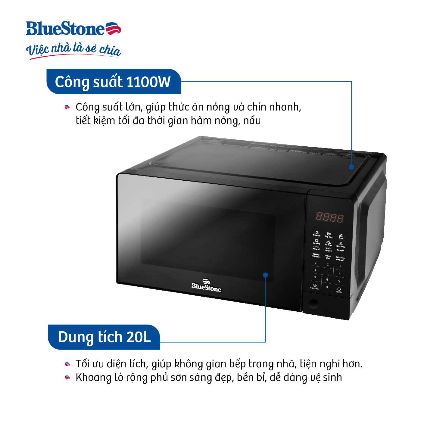 Lò Vi Sóng Điện Tử Có Nướng BlueStone MOB-7816, 1100W - 20Lit, 8 Chế Độ Nấu, Hàng Chính Hãng