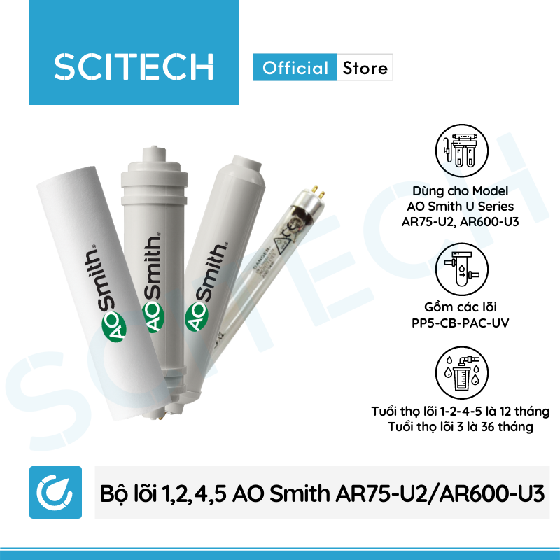 Bộ lõi máy lọc nước AO Smith AR75-U2/AR600-U3 kèm co nối Scitech cho lõi nối nhanh - Hàng chính hãng