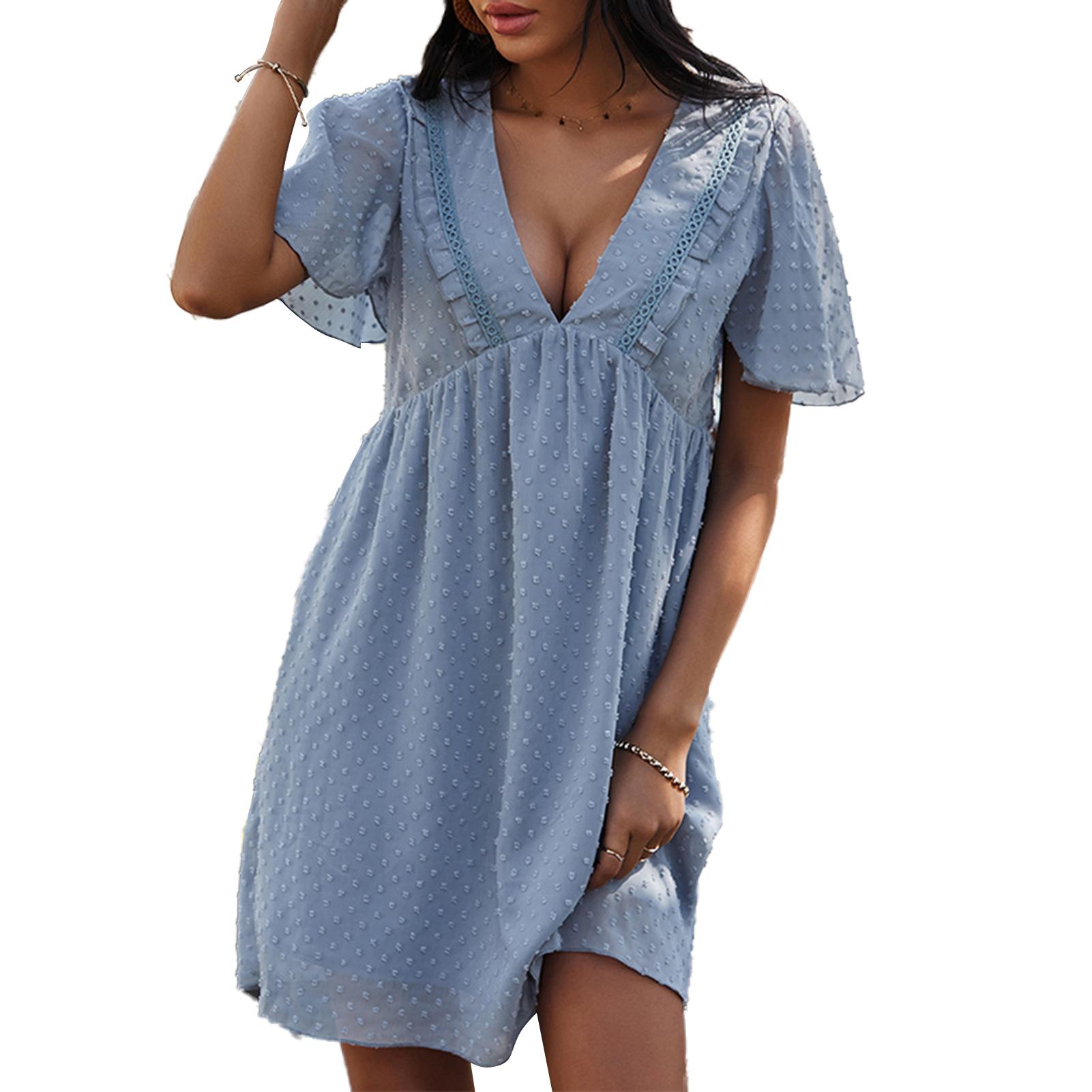 Women Summer Dress Deep V-Neck Ruffled Short Sleeve High Waist Dots Loose Fit Elegant Solid Mini Dress
