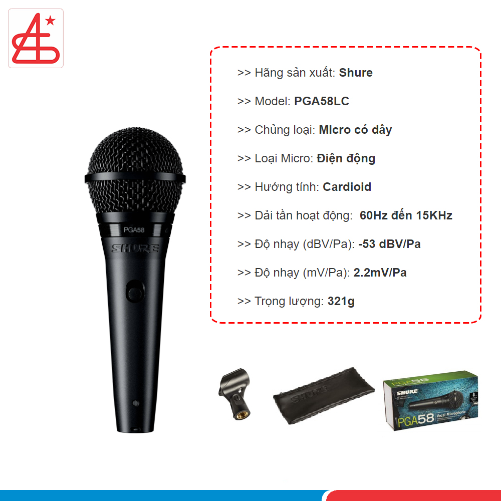 Shure PGA58/LC, mic karaoke có dây, chất lượng cao, hàng chính hãng, bảo hành 12 tháng