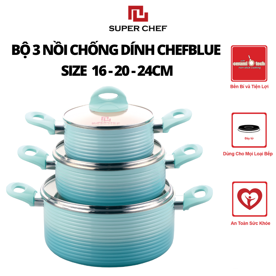 Bộ Nồi Chống Dính Ceramic Chef Blue Đáy Từ Cao Cấp, Kèm Nắp Kính (16-20-24cm)