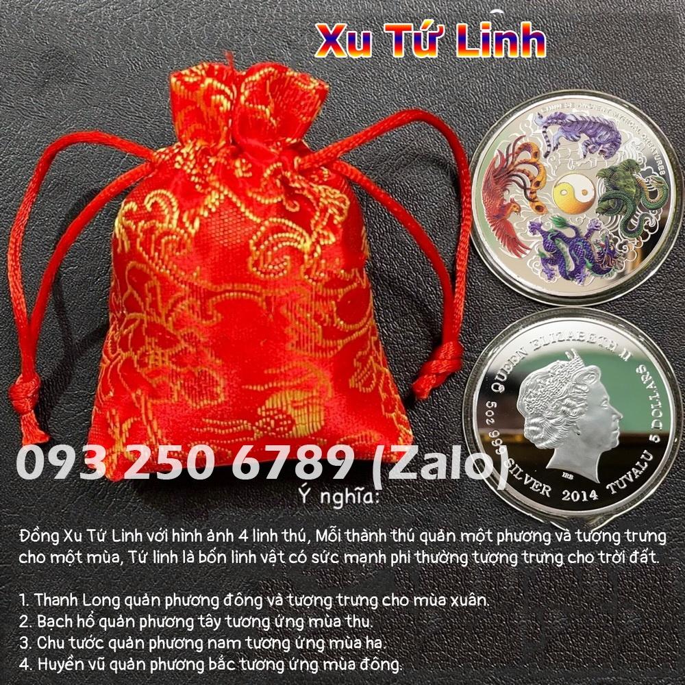 Đồng Xu Tứ Linh In Màu 3D Phong Thủy May Mắn, kèm Túi Gấm Đỏ, Tiền lì xì tết 2023 , NELI