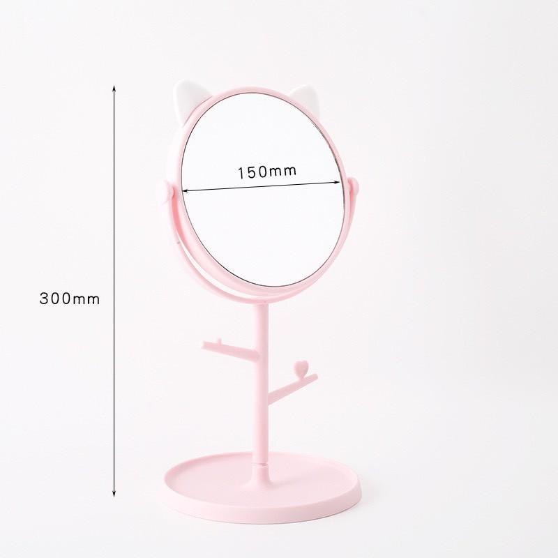 Gương trang điểm để bàn tai mèo có giá treo trang sức màu hồng