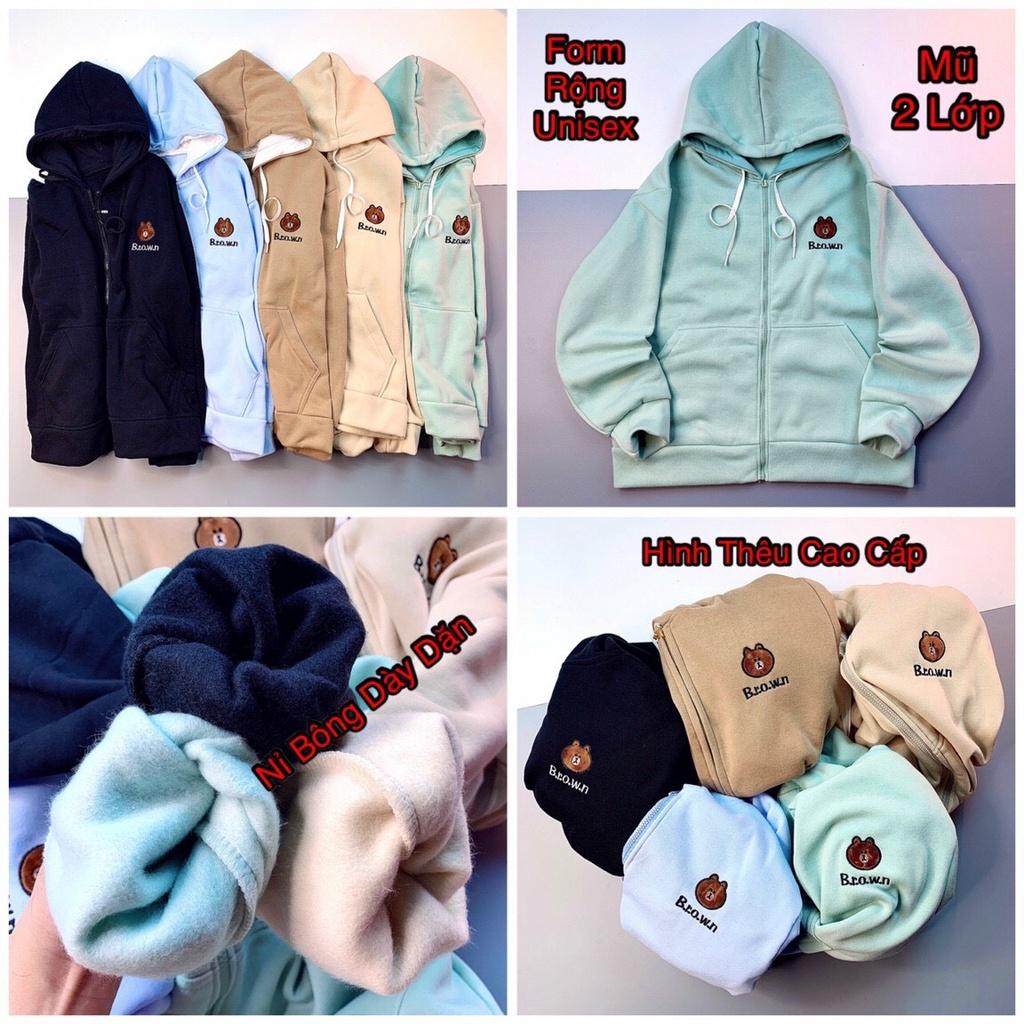 Áo Khoác Nỉ Bông in B.R.O.W.N Khóa Zip Form Rộng Unisex Nam Nữ Ulzzang KUN