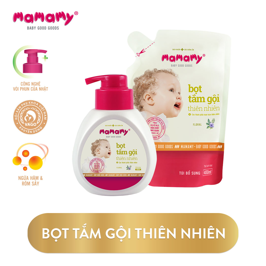 Combo 1 Chai Bọt Tắm Gội Thiên Nhiên Mamamy 400ml + 1 Túi Bổ Sung Floral 400ml