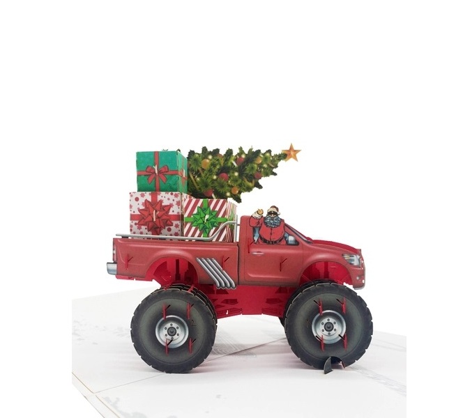X35 -  THIỆP NOEL 3D XE BÁN TẢI “MONSTER TRUCK” CHỞ QUÀ &amp; CÂY THÔNG – MERRY CHRISTMAS
