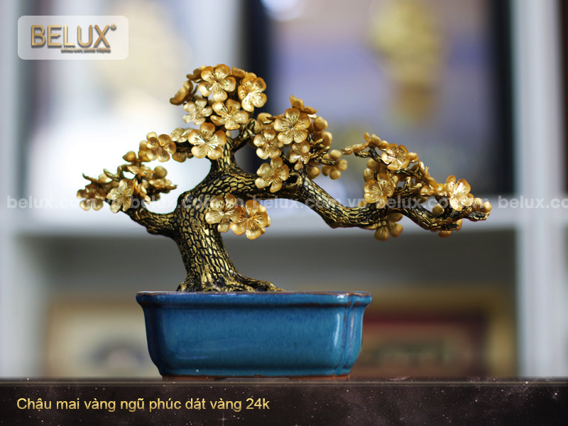 Chậu mai vàng ngũ phúc dát vàng 24k - quà tặng phong thủy