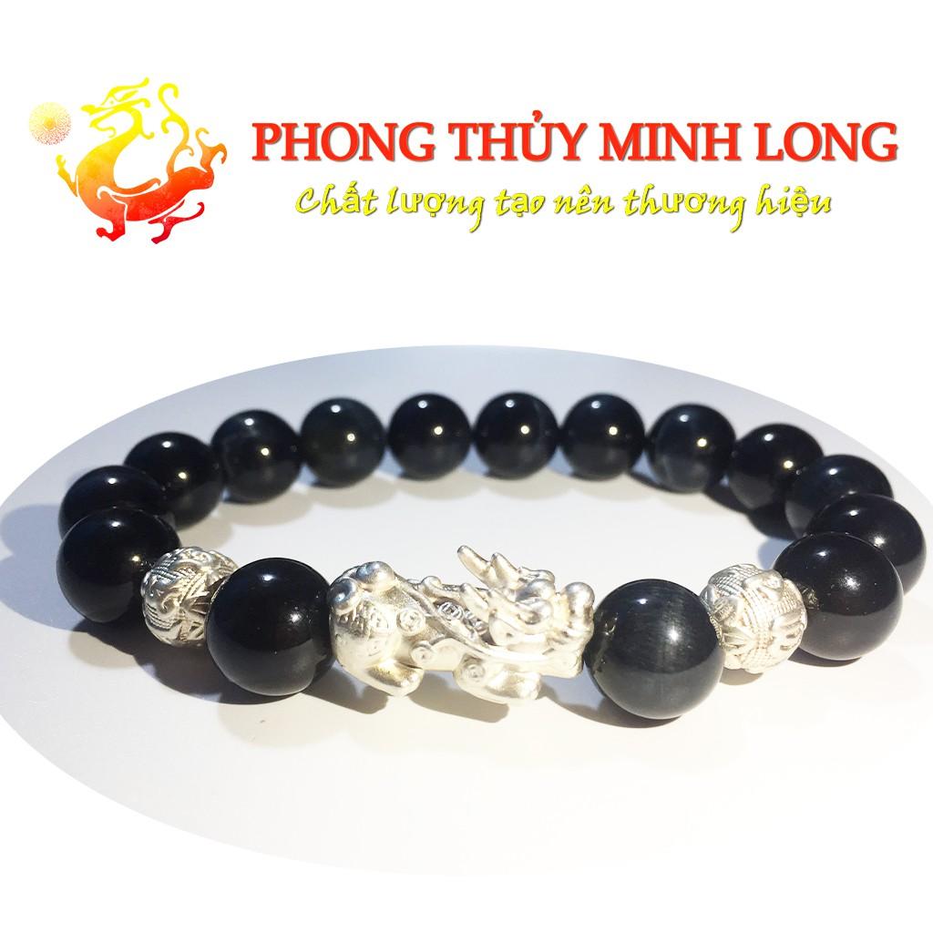 Vòng tay đá mắt hổ Chim Ưng xanh đen chất lượng 5A mix tỳ hưu và 2 hạt kim tiền Bạc hợp mệnh Thủy và Mộc