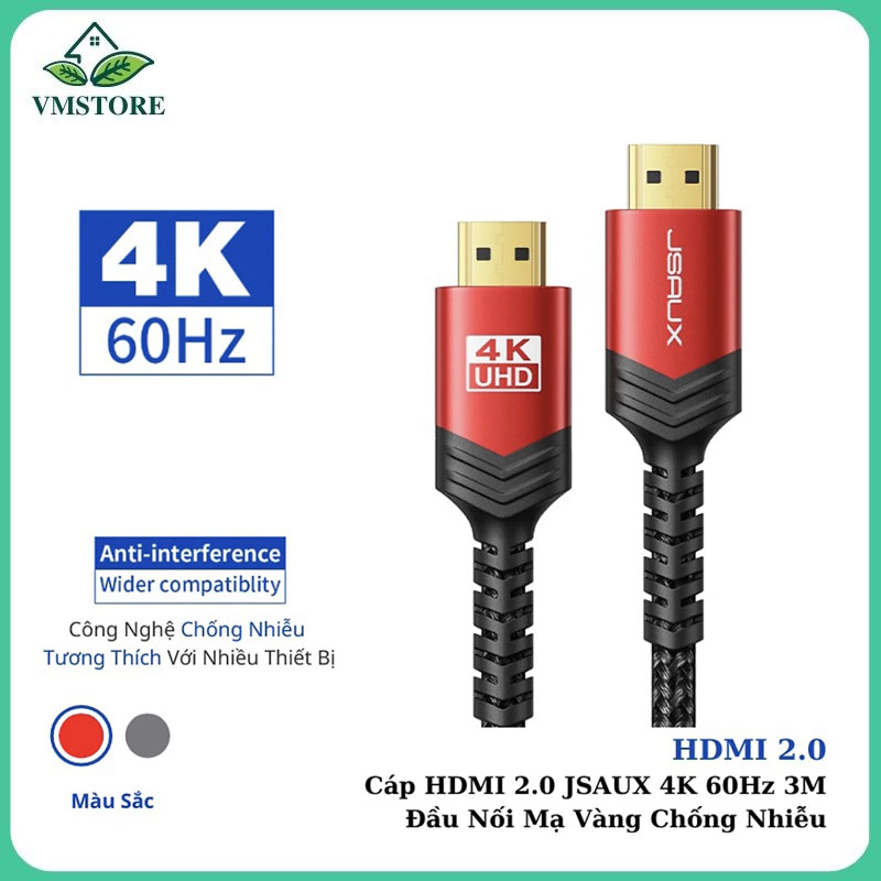 Hàng chính hãng - Cáp HDMI 2.0 JSAUX 4K 60Hz 3M Đầu Nối Mạ Vàng Chống Nhiễu - Tương Thích Với Tất Cả Cổng Kết Nối HDMI - HDMI to HDMI