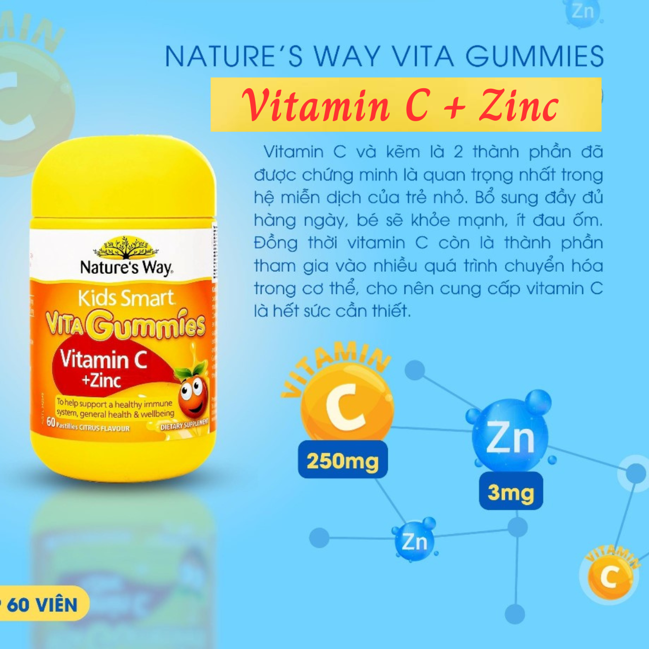 Hỗ trợ sức khỏe hệ miễn dịch cho trẻ Nature's Way Vita Gummies Vitamin C + Zinc tăng sức đề kháng, nhanh lành bệnh, hỗ trợ ăn ngon - OZ Slim Store