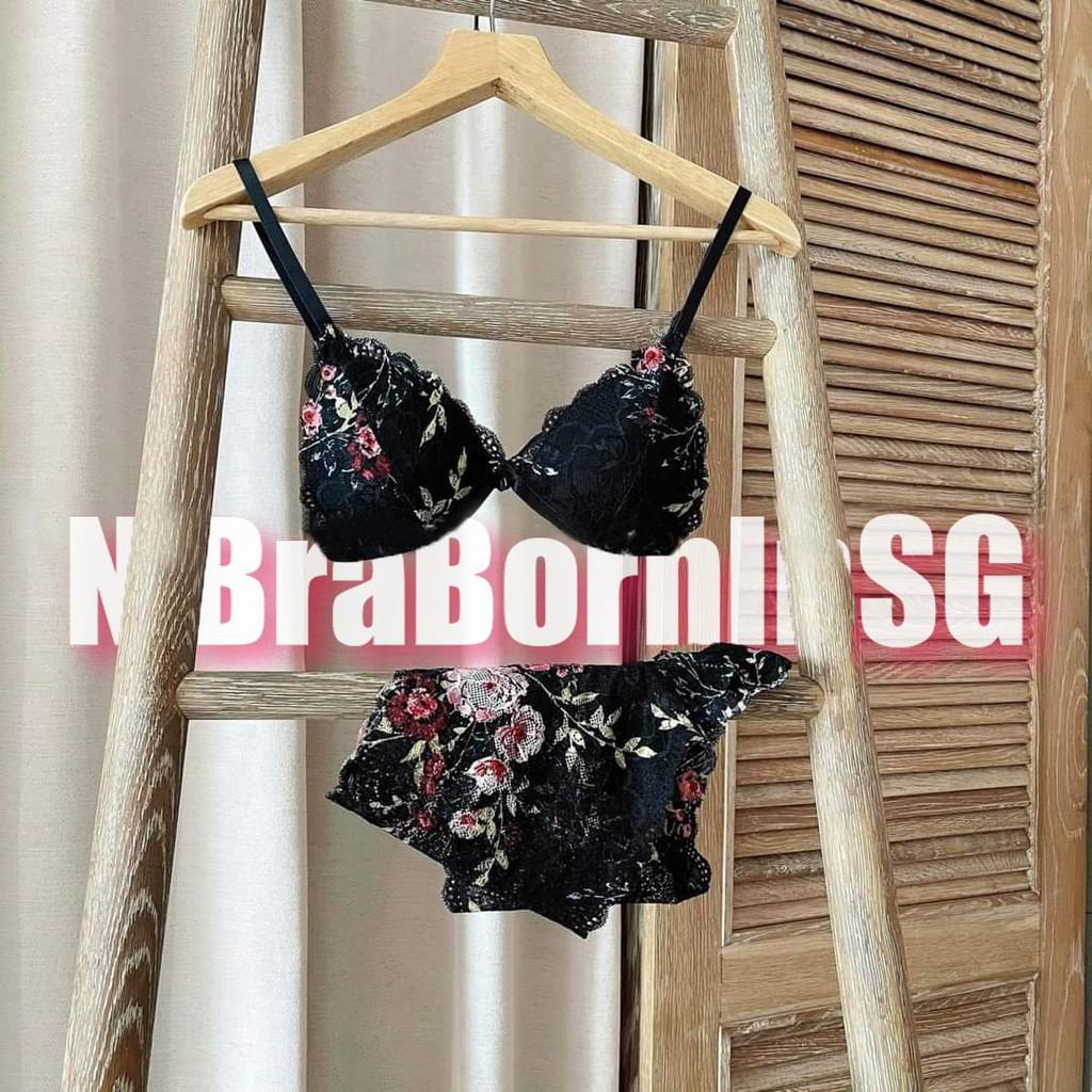 | Bralette | Set Bra Cao Cấp Ren Đùi Đen Hoa Nổi Bật Sang Chảnh