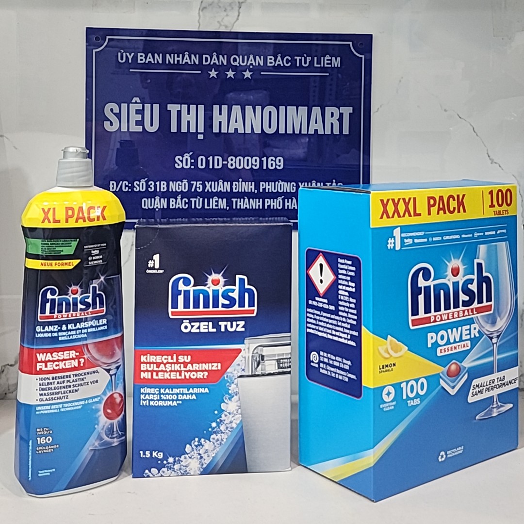 Combo Viên rửa bát Finish 100 viên Essential 6 in 1 + 800ml Nước làm bóng bát chén finish + 1.5kg Muối rửa bát Finish