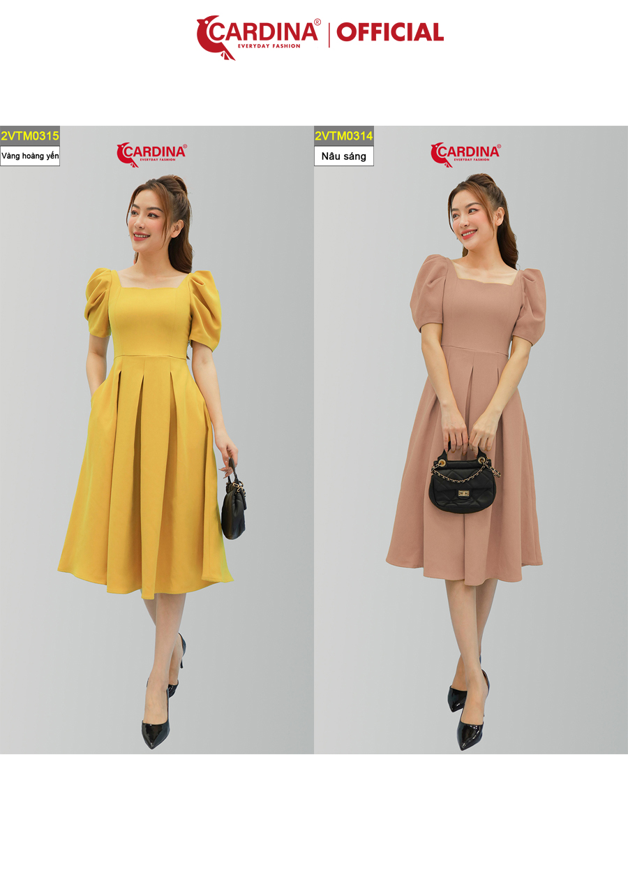 Đầm Nữ CARDINA Chất Tuyết Mưa Cao Cấp Xếp Ly Dáng Xòe Chữ A Cổ Vuông Tay Bồng Tôn Dáng Sang Trọng 2VTM03