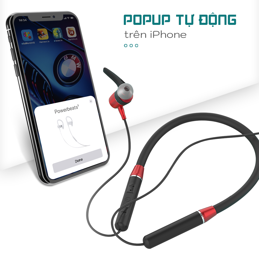 Tai nghe bluetooth JUYUPU BR101 đeo cổ thể thao popup V5.0 chống ồn tai nghe không dây dành cho iPhone Samsung OPPO VIVO HUAWEI XIAOMI - HÀNG CHÍNH HÃNG