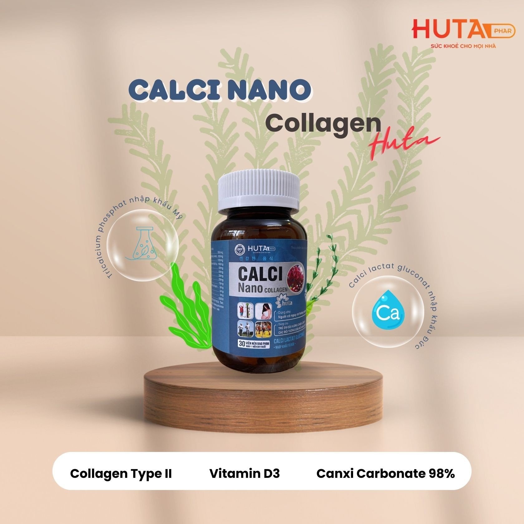 CALCI NANO COLLAGEN HUTA - Viên uống bổ sung canxi, ngăn ngừa nguy cơ loãng xương