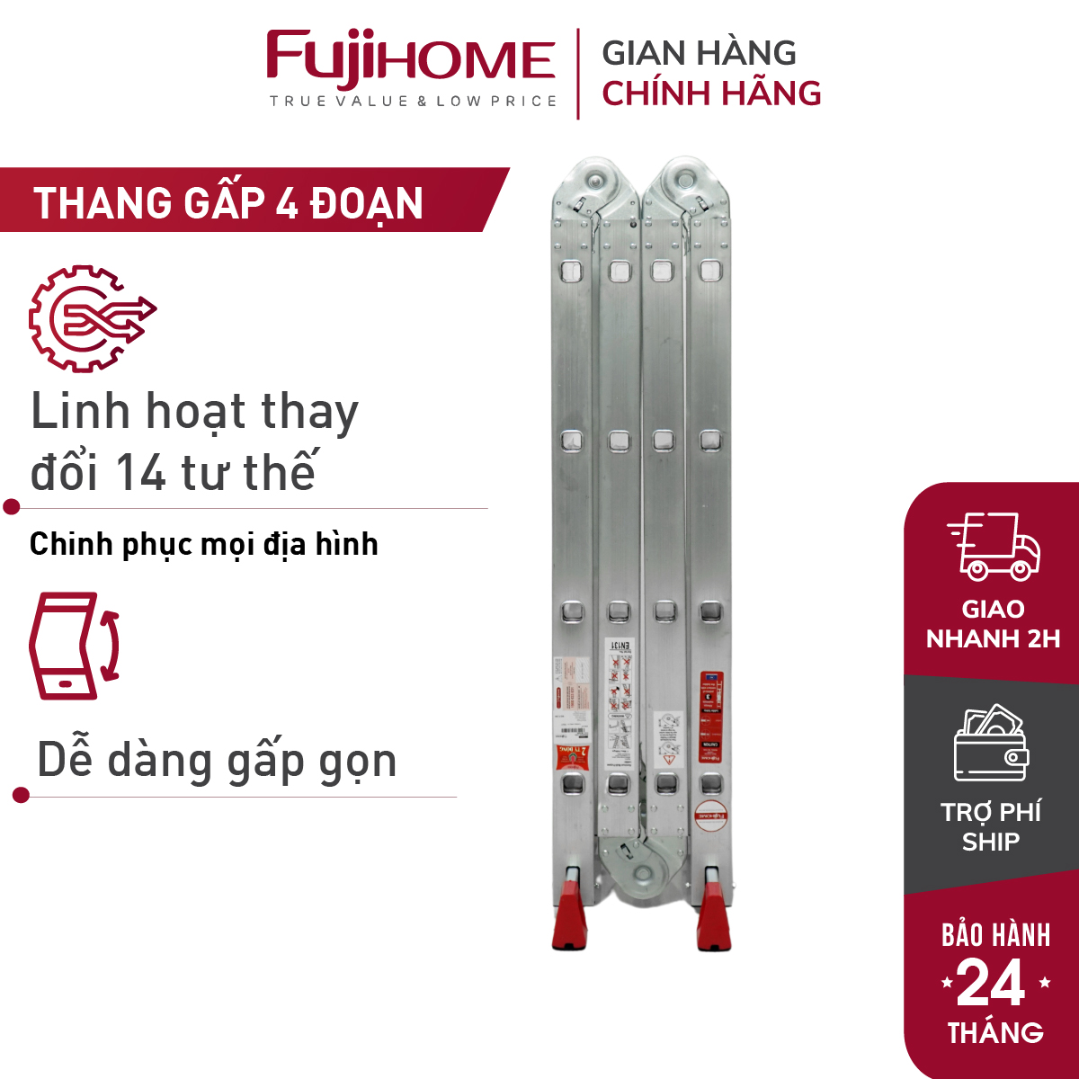 Thang nhôm gấp 4 đoạn đa năng FUJIHOME ML104N, cao chữ A  2.2m - chữ I 4,4 mét ,14 tư thế sử dụng , chốt khóa tự động, chân chống trơn trượt- Hàng chính hãng