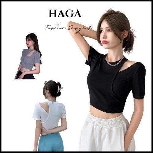 Áo croptop nữ body HAGA cộc tay hở vai cổ tròn phối lồng thân ALTCT40