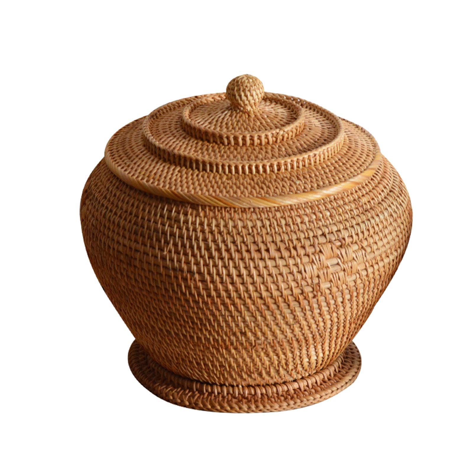 Rattan Woven Basket with Lid Durable Organizer Round for Vegetable Kitchen
