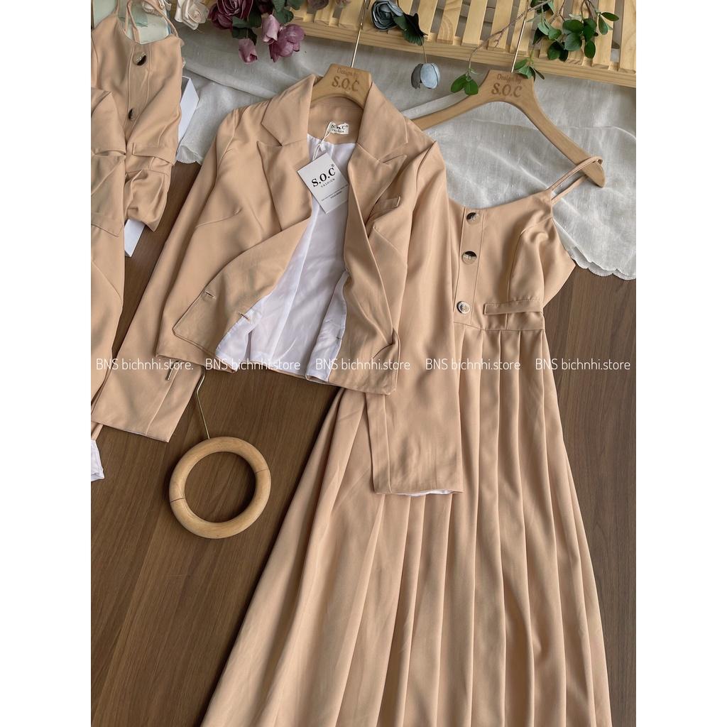 SET ÁO BLAZER & ĐẦM 2 DÂY XẾP LY- Double Breasted Lapel Neck Blazer & Cami Dress BY BNS CARNA SET BNS011V
