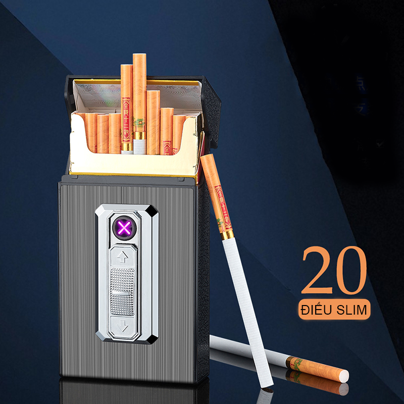 Bật Lửa Điện Plasmas Kiêm Hộp Đựng Thuốc 20 Điếu Dài Slim B09