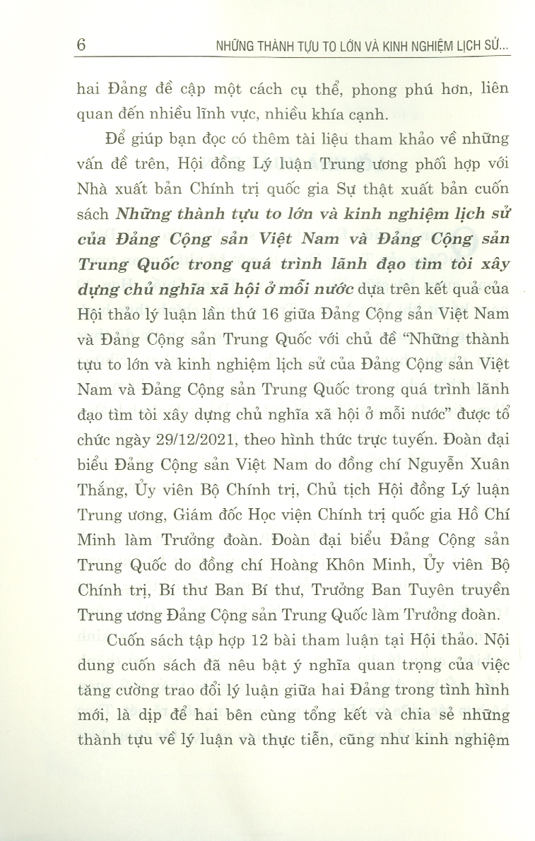 Những Thành Tựu To Lớn Và Kinh Nghiệm Lịch Sử Của Đảng Cộng Sản Việt Nam Và Đảng Cộng Sản Trung Quốc Trong Quá Trình Lãnh Đạo Tìm Tòi Xây Dựng Chủ Nghĩa Xã Hội Ở Mỗi Nước (In giới hạn 100 bản)