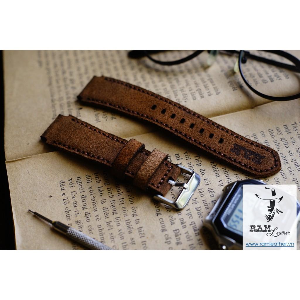 DÂY ĐỒNG HỒ DA BÒ LỘN NÂU ĐẬM - DA BÒ THẬT - RAM CLASSIC 1960 - RAM LEATHER -ĐỦ SIZE 18,20,22,CASIO,APPLE WATCH